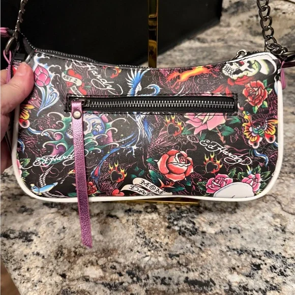 Ed Hardy Pink Floral Skull Accent Baguette Bag with crossbody - Picture 7 of 10